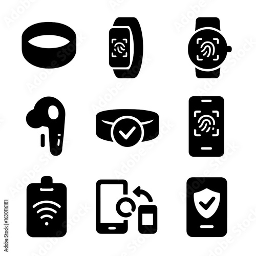 Wearable Biometric Icons. Solid, filled icons set of wearable biometric devices: smart ring, fitness band with