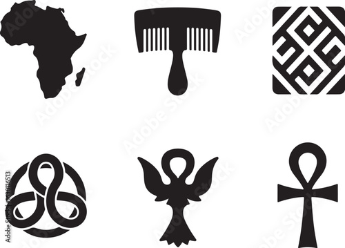 African heritage symbols: map, comb, patterns, ankh, circle