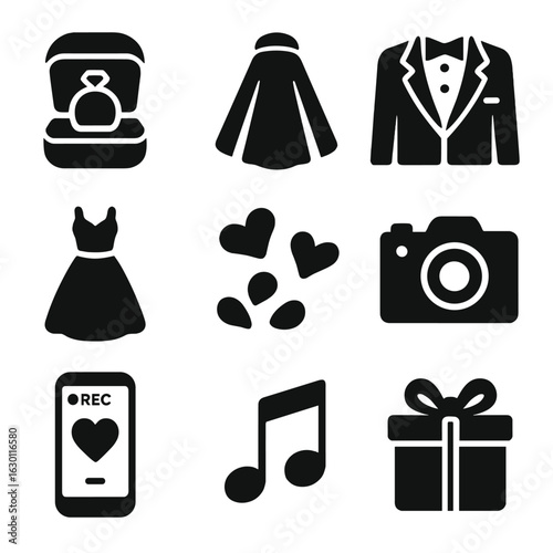 Wedding Essentials Icons. Solid, filled icons set of proposal accessories: ring box, veil, tuxedo, dress,