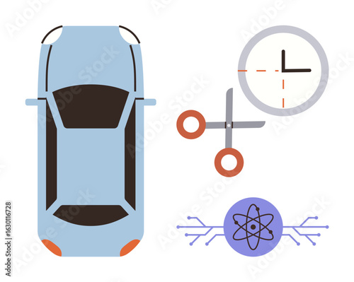 Overhead car design, scissors, clock showing time, digital atom with circuit lines. Ideal for technology, innovation, time management, automotive design engineering and education. Simple flat