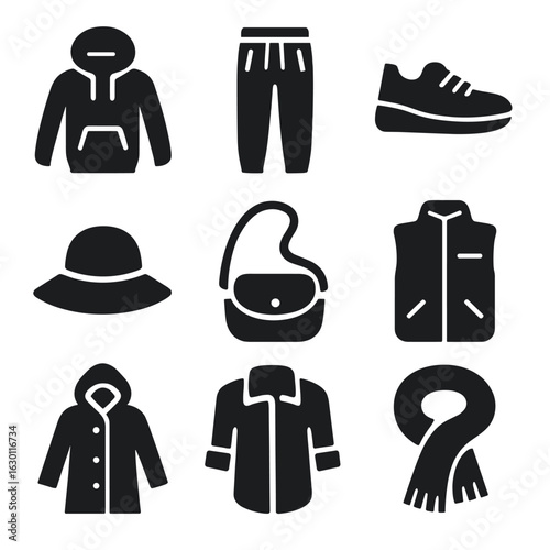 Weekend Fashion Icons. Solid, filled icons set of weekend casual outfits: hoodie, joggers, sneakers, sunhat,