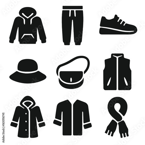 Weekend Fashion Icons. Solid, filled icons set of weekend casual outfits: hoodie, joggers, sneakers, sunhat,