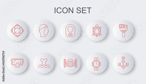 Set line Anchor, Diving mask, Life jacket, watch, Lifebuoy, hood, Whale tail and Photo camera for diver icon. Vector