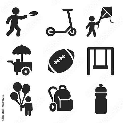 Weekend Park Icons. Solid, filled icons set of weekend park activities: frisbee, scooter, kite flying, snack