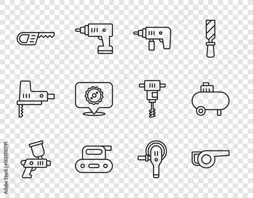 Set line Paint spray gun, Leaf garden blower, Electric drill machine, planer tool, Reciprocating saw, Circular blade, Angle grinder and Air compressor icon. Vector