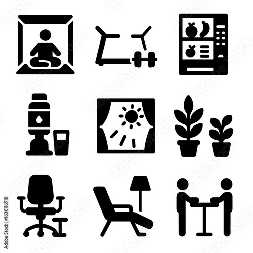 Wellness Office Icons. Solid, filled icons set of wellness-focused office: meditation room, fitness area,