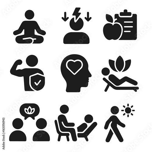 Wellness Icons Grid. Solid, filled icons set of wellness and mindfulness: meditation, stress management,