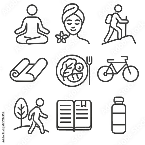 Wellness Travel Icons. Outline icon set of wellness travel activities: meditation, spa, hiking, yoga mat,