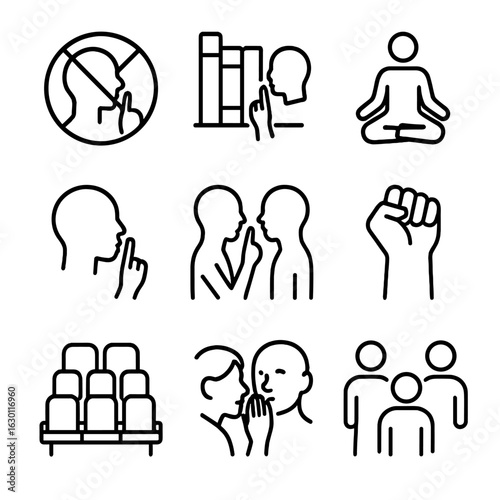 Silence Icons Collection. Outline icon set of silence in social settings: no talking zone, library, meditation room, theater hush,