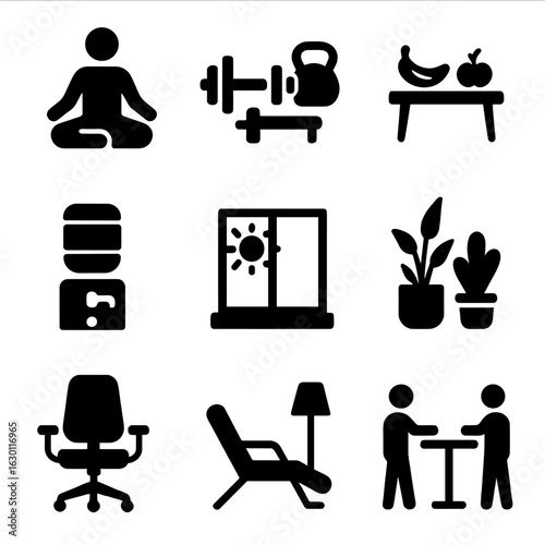 Wellness Office Icons. Solid, filled icons set of wellness-focused office: meditation room, fitness area,