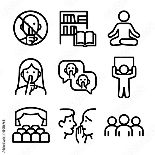 Silence Icons Collection. Outline icon set of silence in social settings: no talking zone, library, meditation room, theater hush,