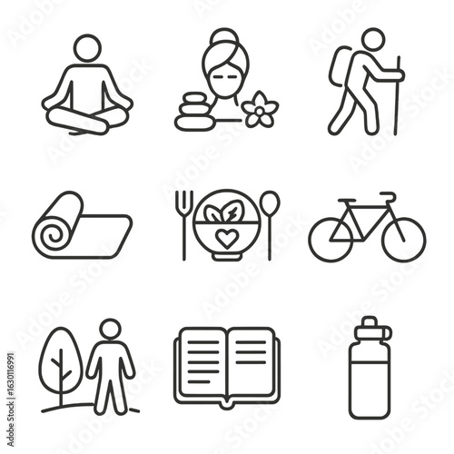 Wellness Travel Icons. Outline icon set of wellness travel activities: meditation, spa, hiking, yoga mat,