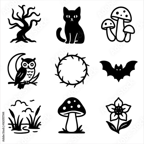 Whimsical Gothic Nature. Outline icon set of whimsical gothic nature: twisted tree, black cat, mushroom
