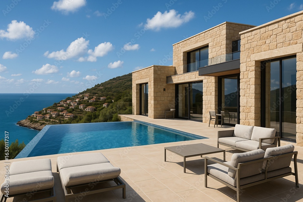 Fototapeta premium Modern stone villa with infinity pool overlooking mediterranean sea