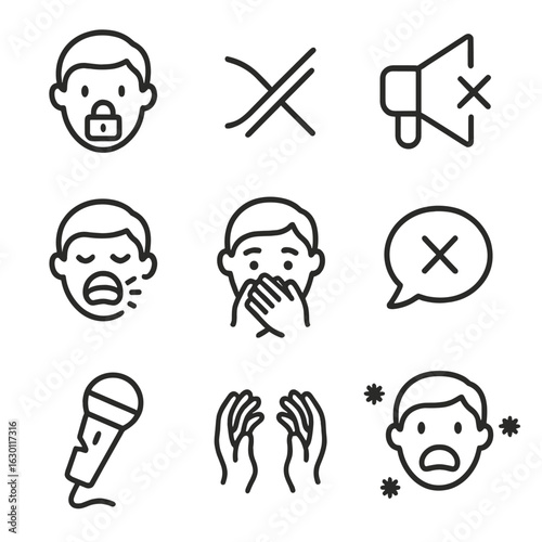 Silent Expression Icons. Outline icon set of restrained scream: locked mouth, crossed sound waves, muted megaphone, silent cry,