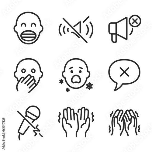 Silent Expression Icons. Outline icon set of restrained scream: locked mouth, crossed sound waves, muted megaphone, silent cry,