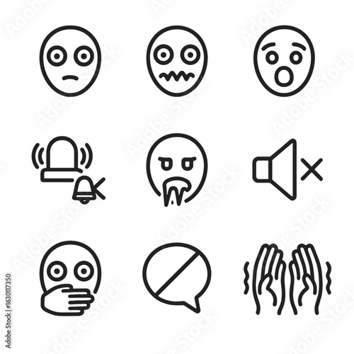 Silent Horror Icons. Outline icon set of silent horror: wide eyes, trembling lips, silent scream, muted alarm, frozen mouth,