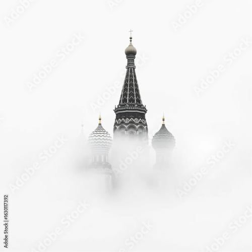 St Basil's Cathedral half-hidden in fog in Moscow during the harvest festival