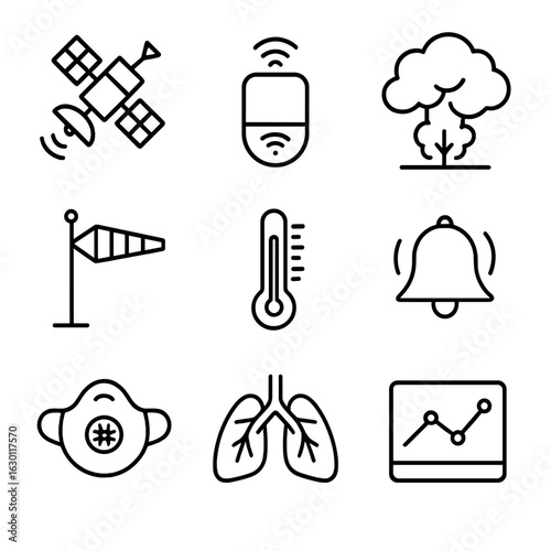Wildfire Monitoring Icons. Outline icon set of wildfire smoke monitoring: satellite, sensor, smoke cloud, wind