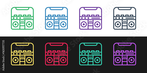 Set line Home stereo with two speakers icon isolated on black and white background. Music system. Vector