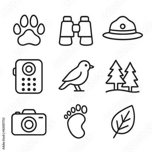Wildlife Conservation Icons. Outline icon set of wildlife conservation: animal paw, binoculars, ranger hat,