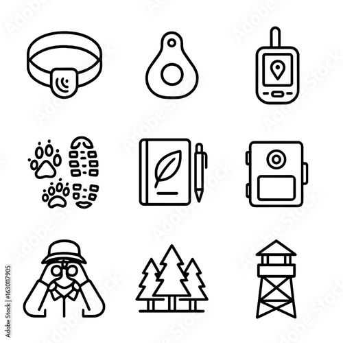 Wildlife Tracking Icons. Outline icon set of wildlife tracking: radio collar, animal tag, GPS device, tracking
