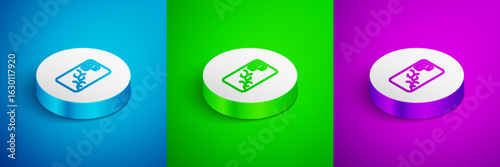 Isometric line Smartphone with broken screen icon isolated on blue, green and purple background. Shattered phone screen icon. White circle button. Vector