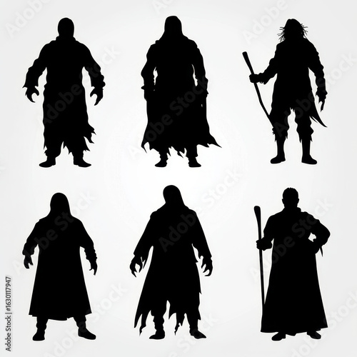 Six eerie hooded figures: spectral silhouettes in various poses