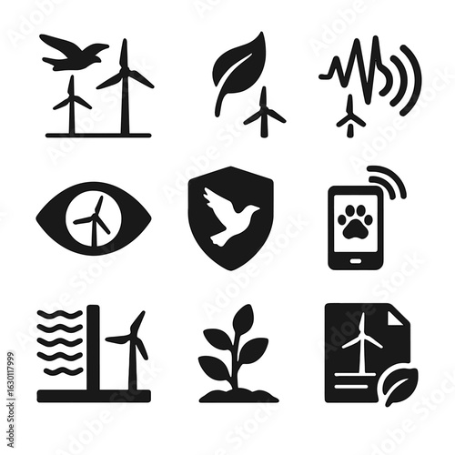 Wind Farm Impact Icons. Solid, filled icons set of wind farm environmental impact: bird flight path, eco leaf,