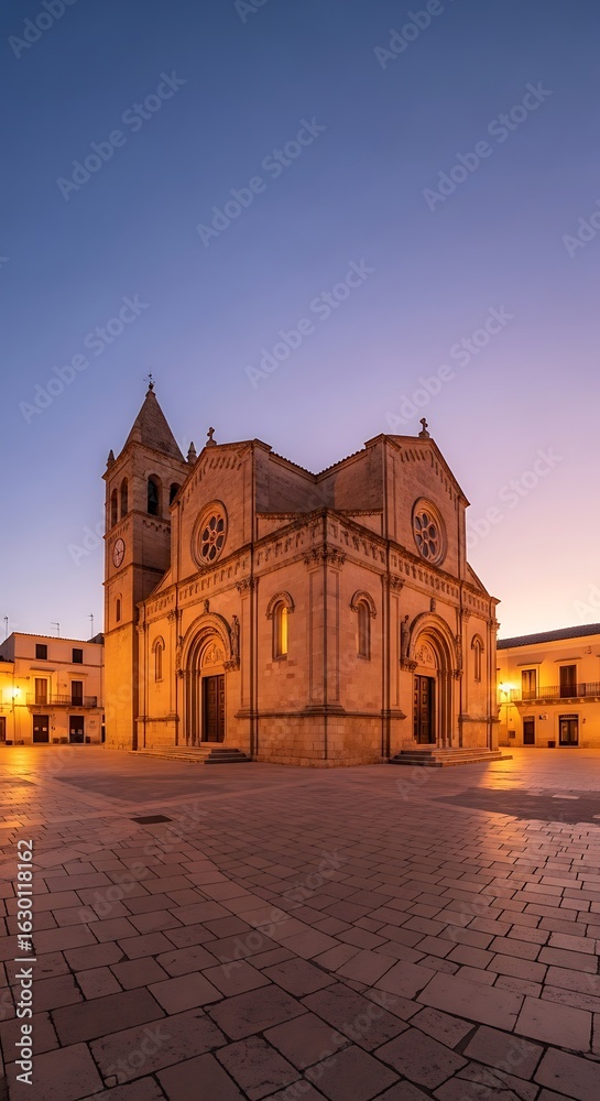 Fototapeta premium A stone church at dawn, situated in a cobblestone plaza.
