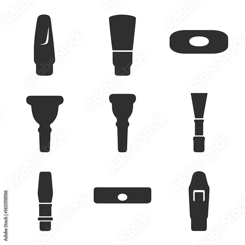 Wind Instrument Mouthpieces. Solid, filled icons set of wind instrument mouthpieces: saxophone mouthpiece,