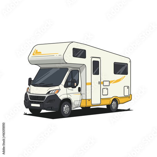 Illustration of a white and yellow motorhome, ideal for family vacations and exploring the countryside isolated on white background