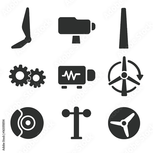 Wind Turbine Icons. Solid, filled icons set of wind turbine components: rotor blade, nacelle unit, turbine