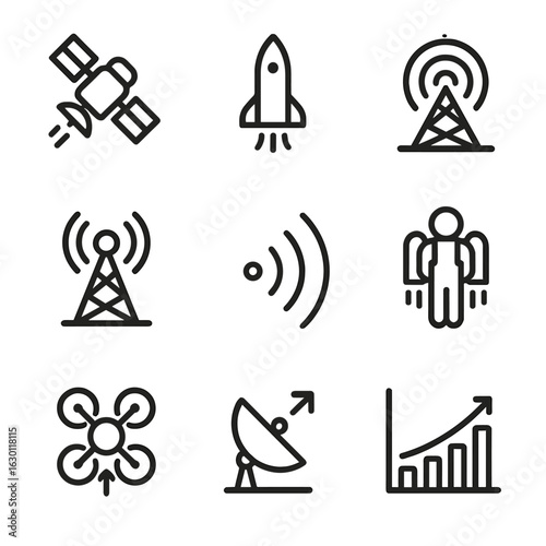 Skyward Technology Icons. Outline icon set of skyward technology: launching satellite, ascending rocket ship, upward radar beam,
