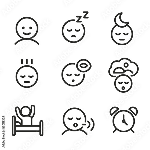 Sleep Cycle Icons. Outline icon set of sleep cycle: awake, drowsy, light sleep, deep sleep, REM sleep, dreaming, waking up,