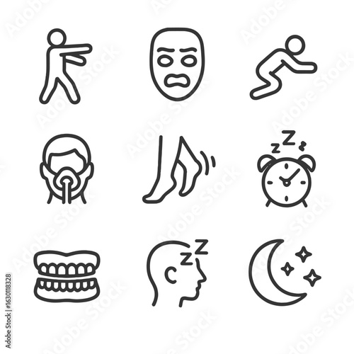 Sleep Disorders Icons. Outline icon set of related sleep disorders: sleepwalking silhouette, night terror mask, REM behavior