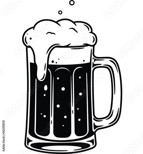 A classic beer mug with overflowing foam, perfect for a refreshing drink at the bar or a festive celebration isolated on white background