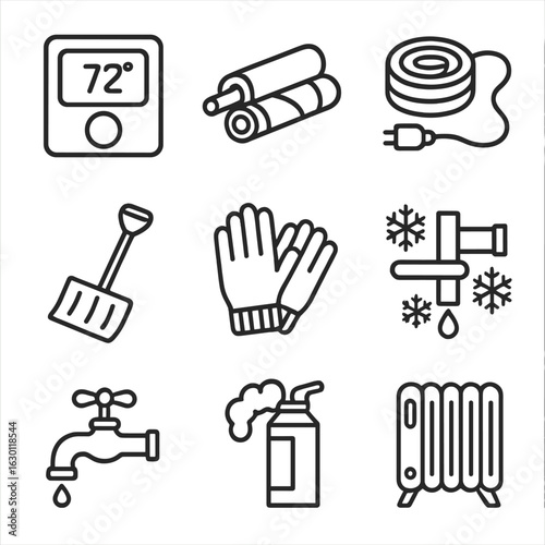 Winter Home Prep Icons. Outline icon set of home winterizing: thermostat, pipe insulation, heat tape, snow