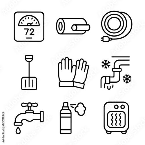 Winter Home Prep Icons. Outline icon set of home winterizing: thermostat, pipe insulation, heat tape, snow