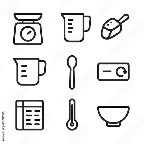 Food Prep Icons. Outline icon set of food prep measurement tools: kitchen scale, measuring jug, sugar scoop, flour cup, spice