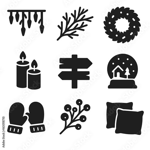 Winter Solstice Icons. Solid, filled icons set of winter solstice decor elements: icicle lights, frosted