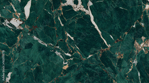 Luxurious emerald green marble texture with elegant white and golden natural veining, ideal for sophisticated backgrounds and surfaces.