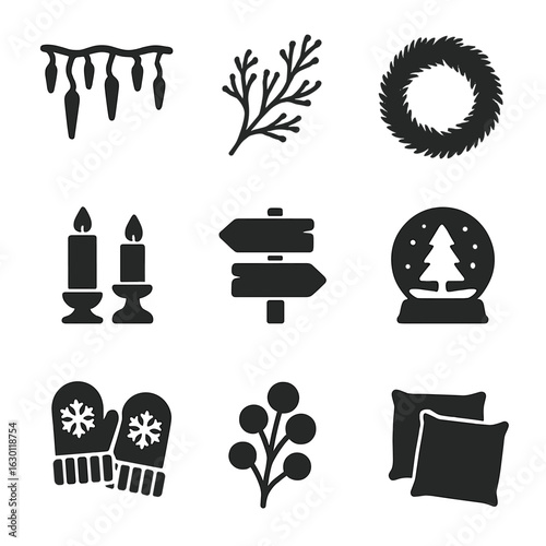Winter Solstice Icons. Solid, filled icons set of winter solstice decor elements: icicle lights, frosted
