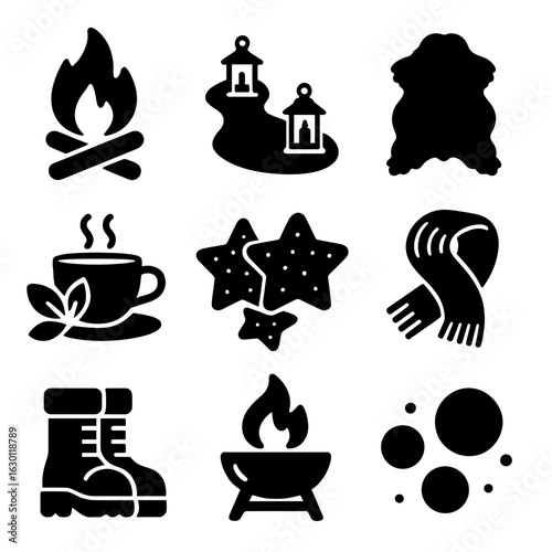 Winter Solstice Icons. Solid, filled icons set of winter solstice celebration items: bonfire, lantern path,