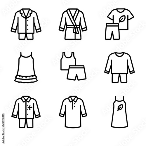 Sleepwear Icon Set. Outline icon set of sleepwear brands: luxury pajamas, designer robe, eco-friendly sleepwear, cotton nightgown,