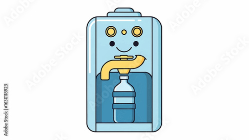 Happy cartoon water cooler dispenser character filling a bottle. Cute mascot illustration for hydration.