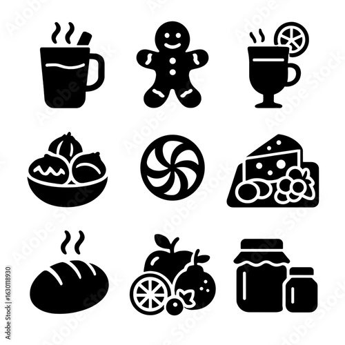 Winter Solstice Delights. Solid, filled icons set of winter solstice food and drinks: spiced cider,