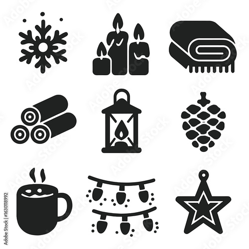 Winter Solstice Icons. Solid, filled icons set of winter solstice party themes: snowflake decorations, warm