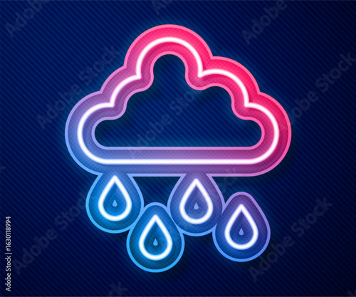 Glowing neon line Cloud with rain icon isolated on blue background. Rain cloud precipitation with rain drops. Vector