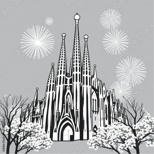 La Sagrada Familia dazzling with fireworks in Barcelona at the peak of cherry blossom season